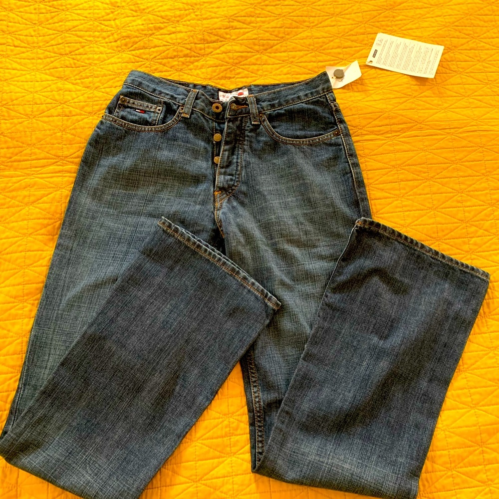 On trend Tommy (Hilfiger) wide-leg denim jeans.